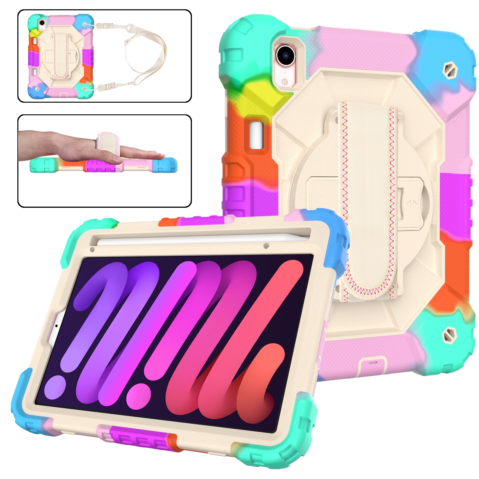 For iPad mini 2024 / mini 6 Contrast Color Robot Silicone + PC Tablet Case with Shoulder Strap(Colorful Blue) - Shopkiz.com