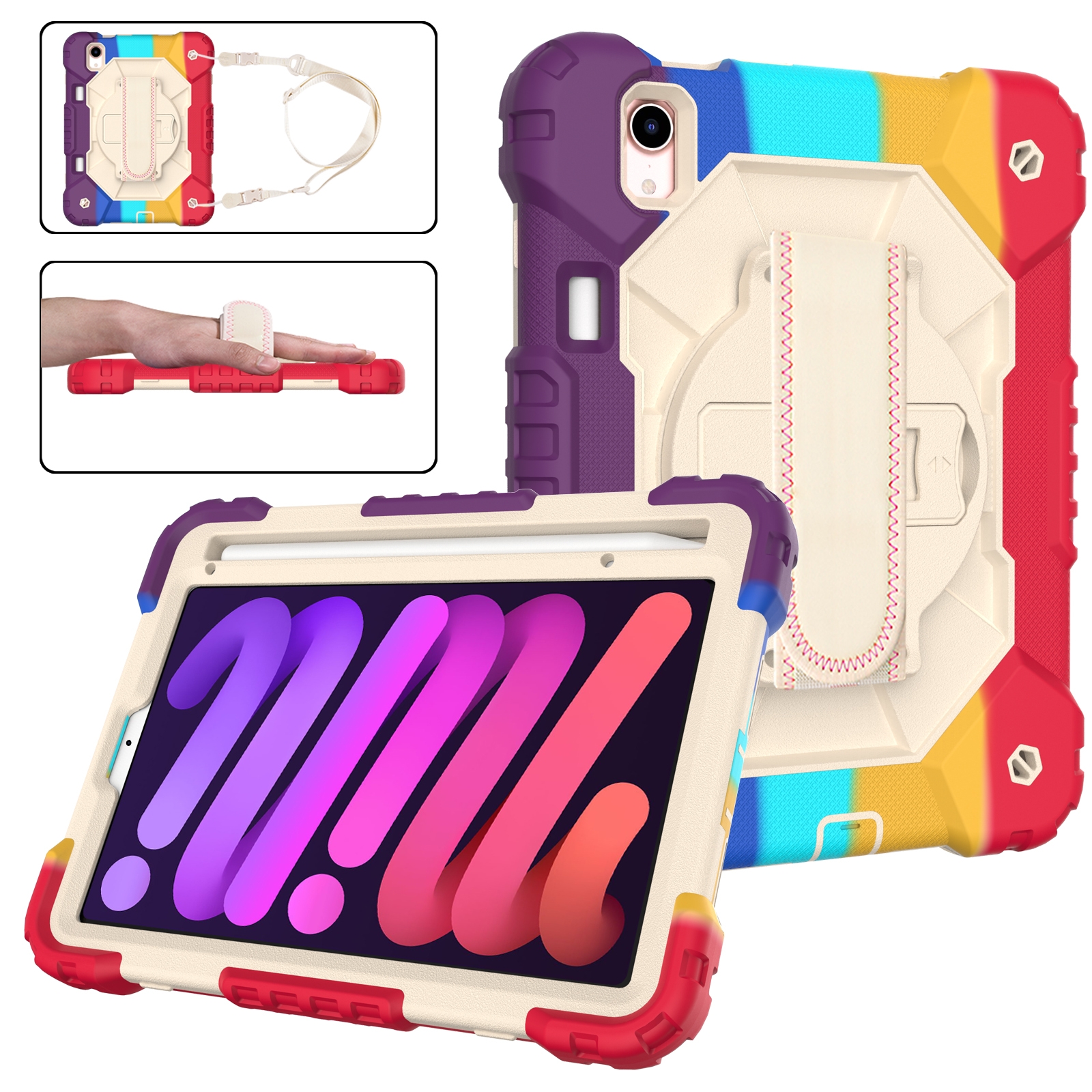 For iPad mini 2024 / mini 6 Contrast Color Robot Silicone + PC Tablet Case with Shoulder Strap(Colorful Red) - Shopkiz.com