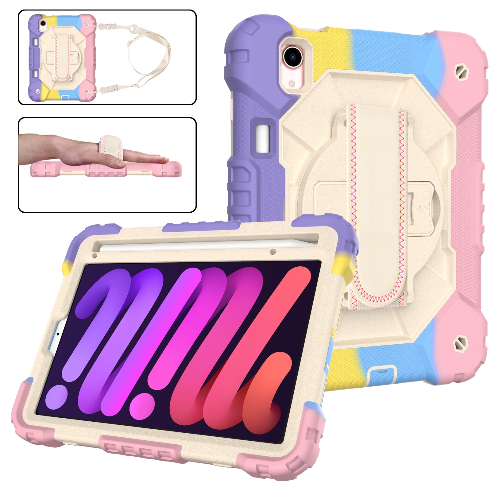 For iPad mini 2024 / mini 6 Contrast Color Robot Silicone + PC Tablet Case with Shoulder Strap(Colorful Pink) - Shopkiz.com