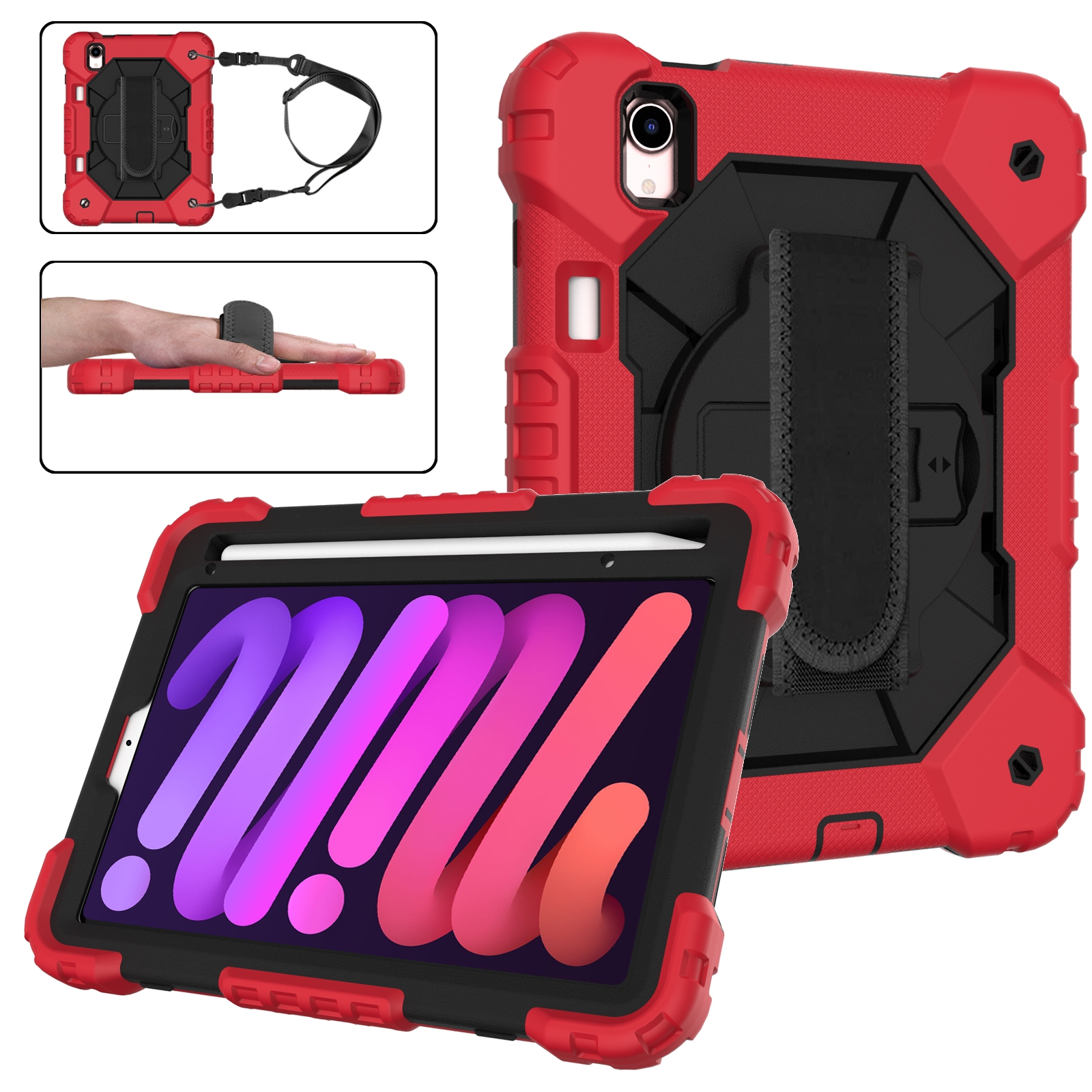 For iPad mini 2024 / mini 6 Contrast Color Robot Silicone + PC Tablet Case with Shoulder Strap(Red+Black) - Shopkiz.com