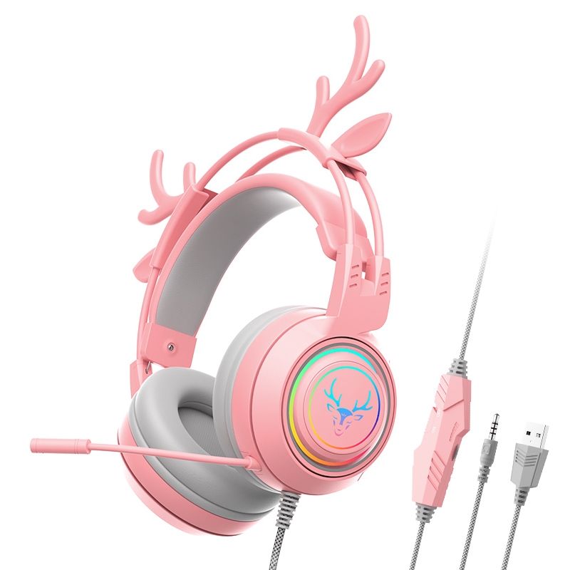 SOYTO SY-G25 Antlers RGB HD Microphone 3D Space Sound Wired Gaming Headset(Pink) - Shopkiz.com