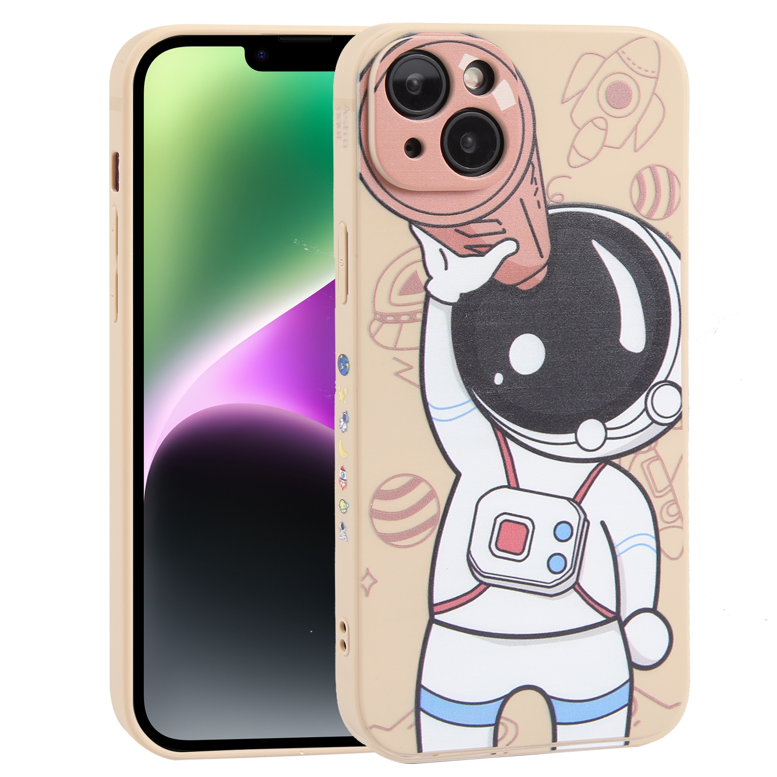 For iPhone 14 Spaceman Binoculars Phone Case(Beige + Pink) - Shopkiz.com