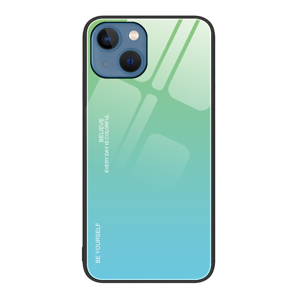 For iPhone 14 Plus Gradient Color Glass Case (Green Cyan) - Shopkiz.com