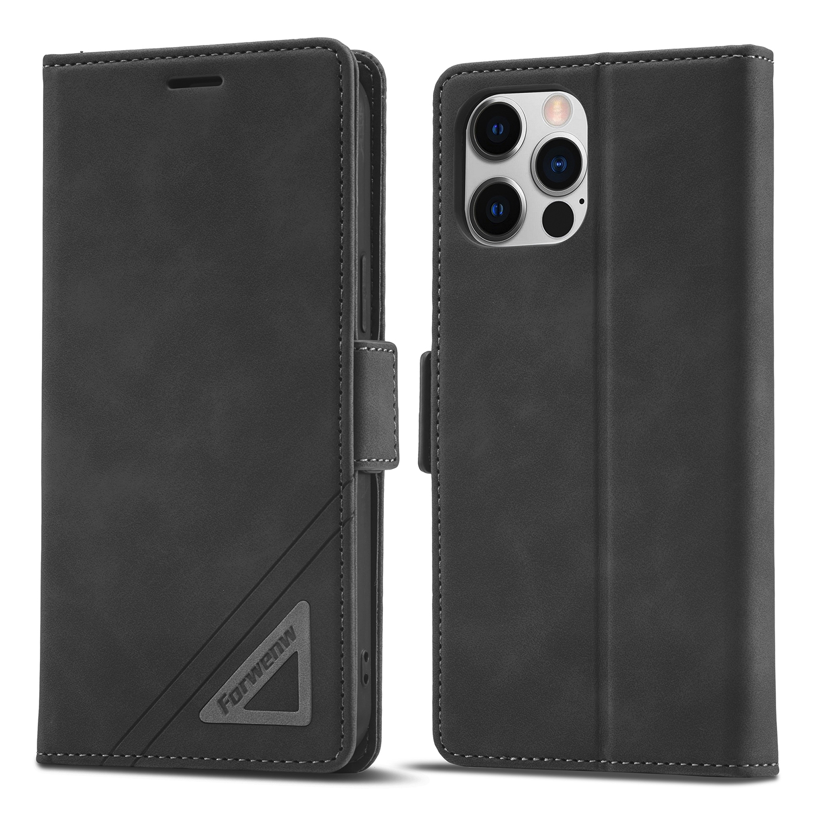 For iPhone 12 Pro Max Forwenw Dual-side Buckle Leather Phone Case(Black) - Shopkiz.com