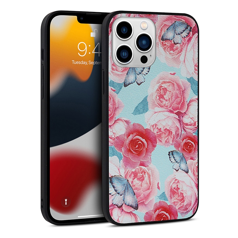 For iPhone 14 Plus Flowers Pattern Leather Phone Case (Sky Blue) - Shopkiz.com