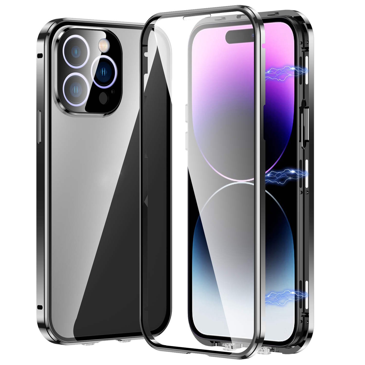 For iPhone 14 Pro Magnetic Double-buckle HD Tempered Glass Phone Case(Black) - Shopkiz.com