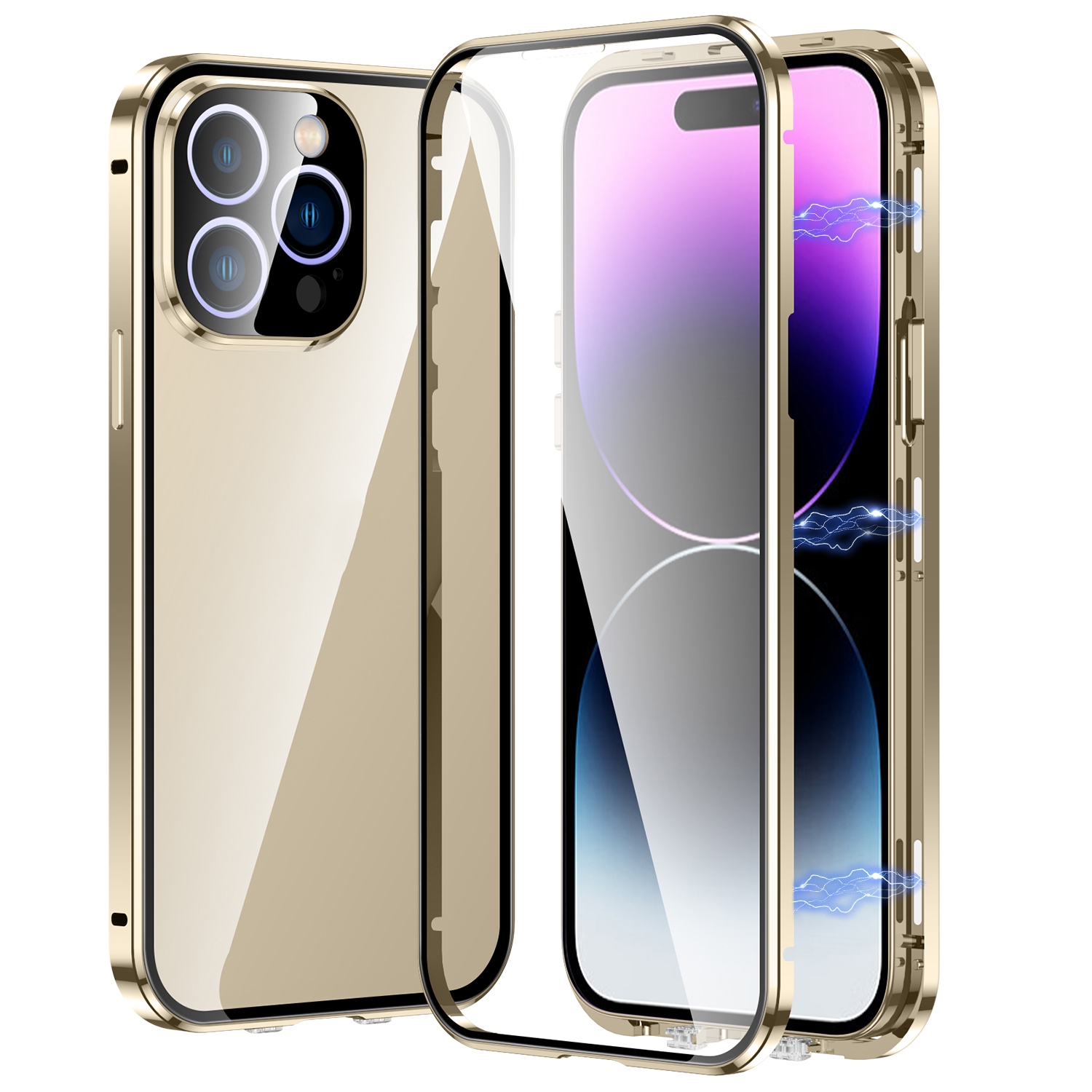 For iPhone 14 Pro Magnetic Double-buckle HD Tempered Glass Phone Case(Gold) - Shopkiz.com