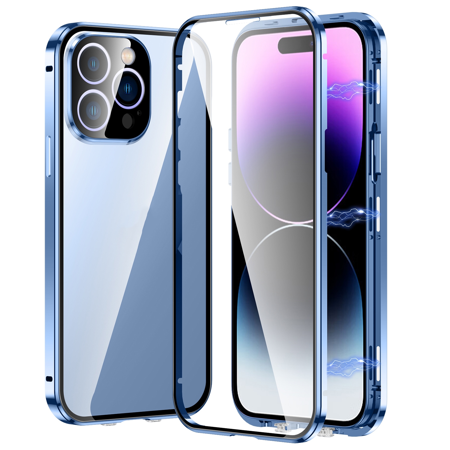 For iPhone 14 Pro Magnetic Double-buckle HD Tempered Glass Phone Case(Blue) - Shopkiz.com