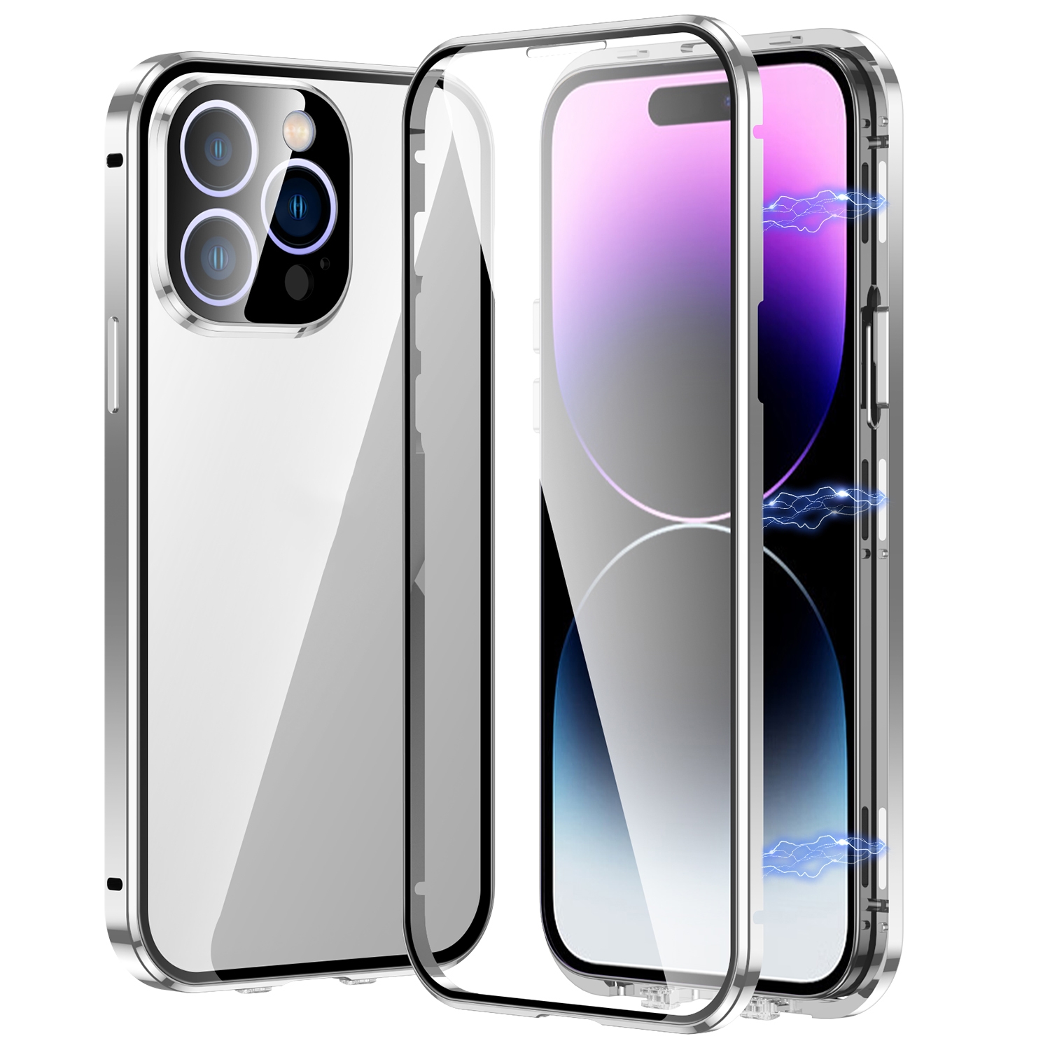 For iPhone 14 Pro Magnetic Double-buckle HD Tempered Glass Phone Case(Silver) - Shopkiz.com