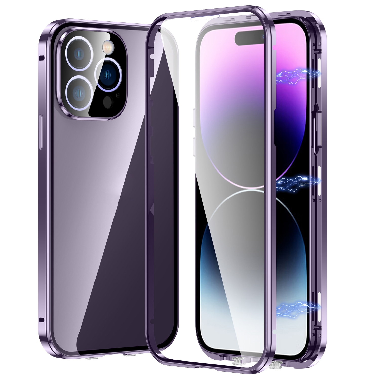 For iPhone 14 Pro Magnetic Double-buckle HD Tempered Glass Phone Case(Purple) - Shopkiz.com