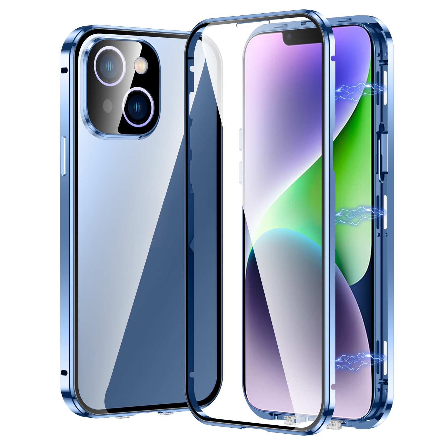 For iPhone 14 Magnetic Double-buckle HD Tempered Glass Phone Case (Blue) - Shopkiz.com