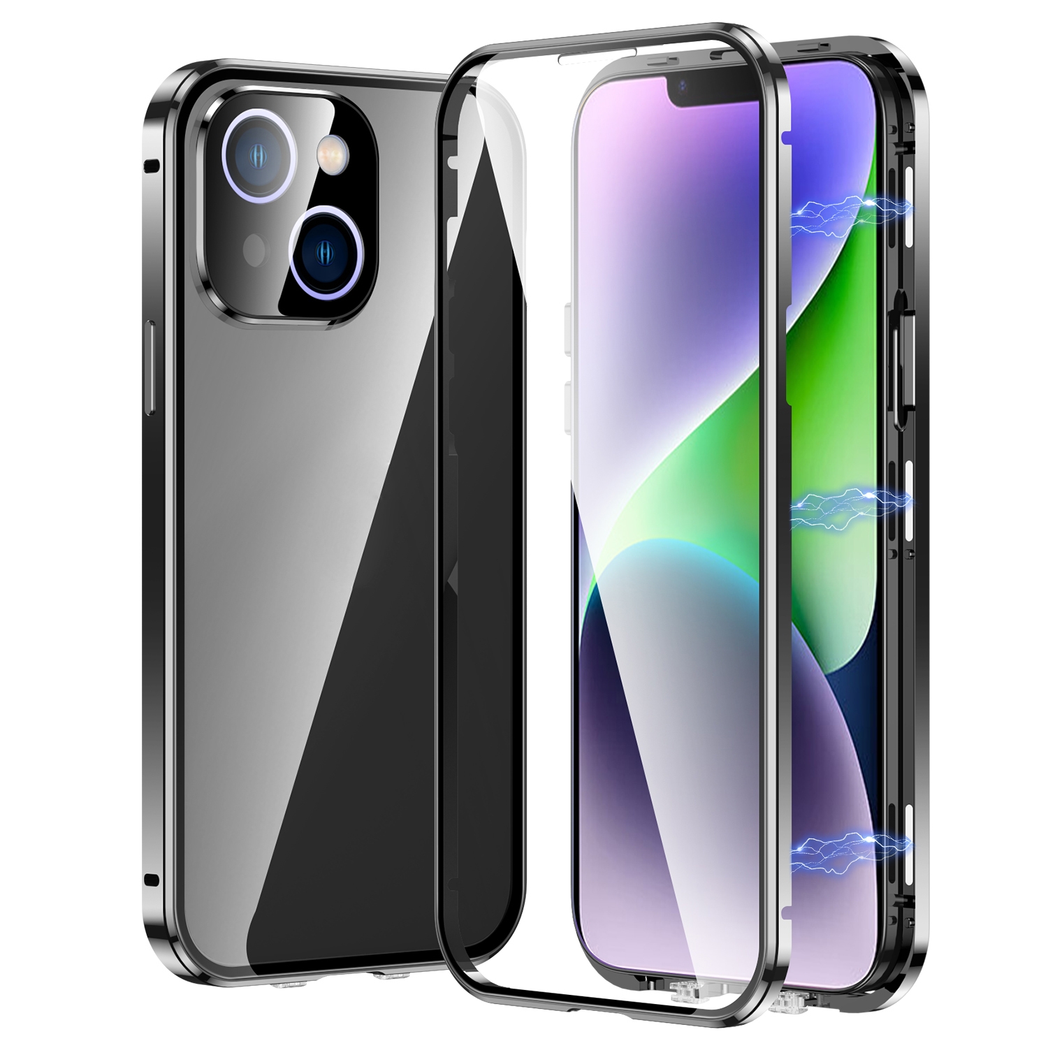 For iPhone 14 Plus Magnetic Double-buckle HD Tempered Glass Phone Case (Black) - Shopkiz.com
