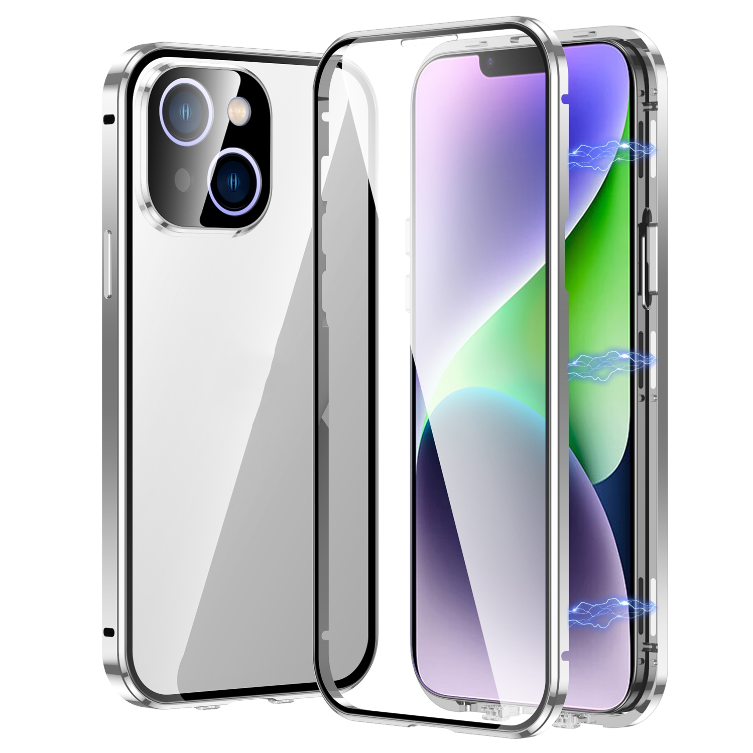 For iPhone 14 Plus Magnetic Double-buckle HD Tempered Glass Phone Case (Silver) - Shopkiz.com