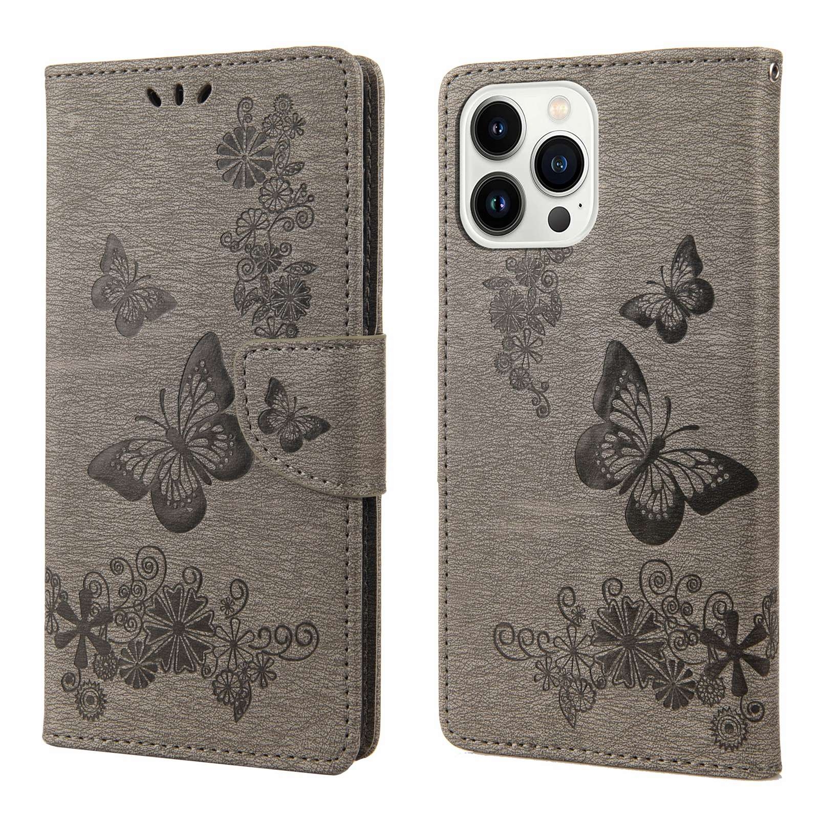 For iPhone 14 Pro Max Butterfly Embossed Horizontal Flip Leather Phone Case (Grey) - Shopkiz.com