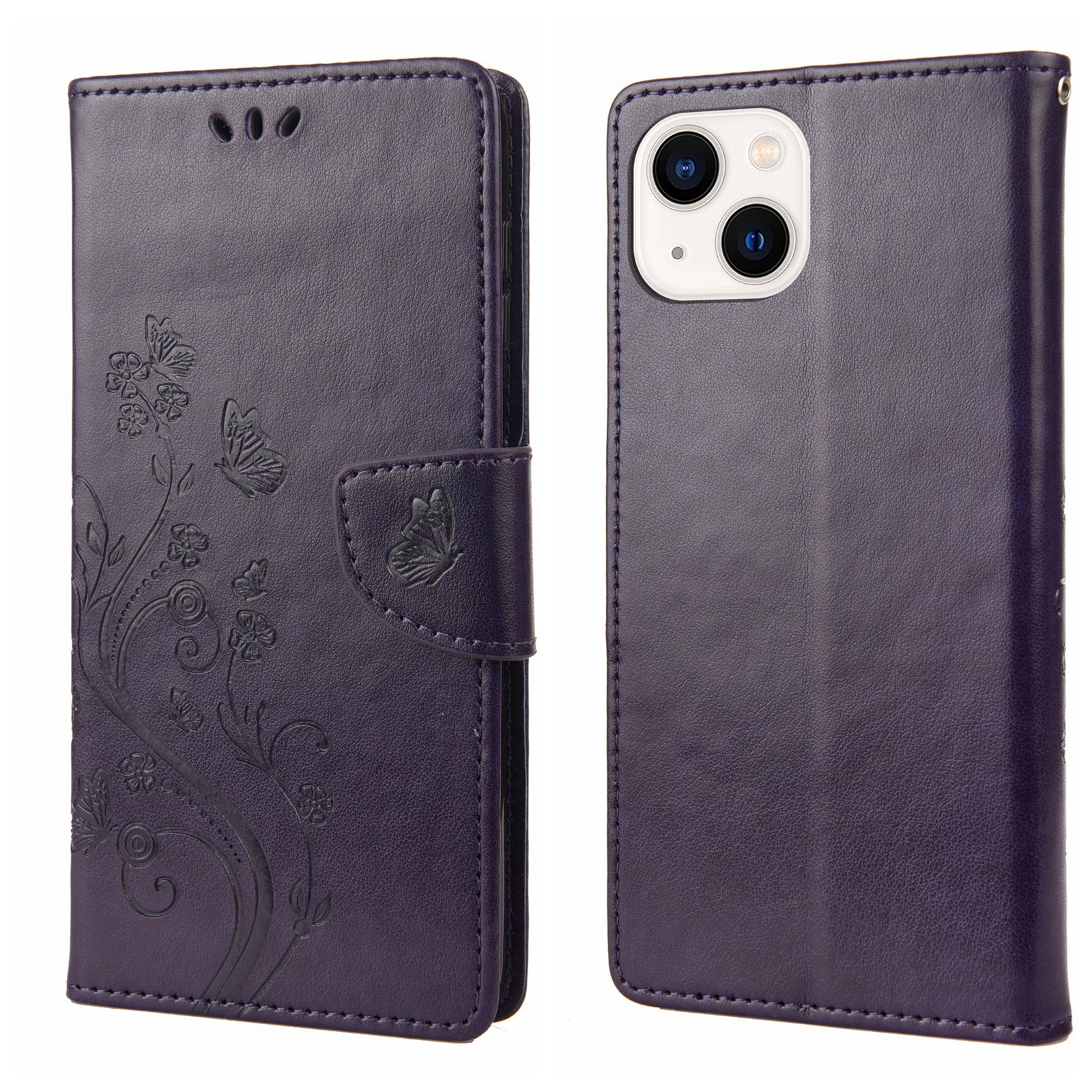 For iPhone 14 Plus Butterfly Flower Pattern Flip Leather Phone Case (Deep Purple) - Shopkiz.com