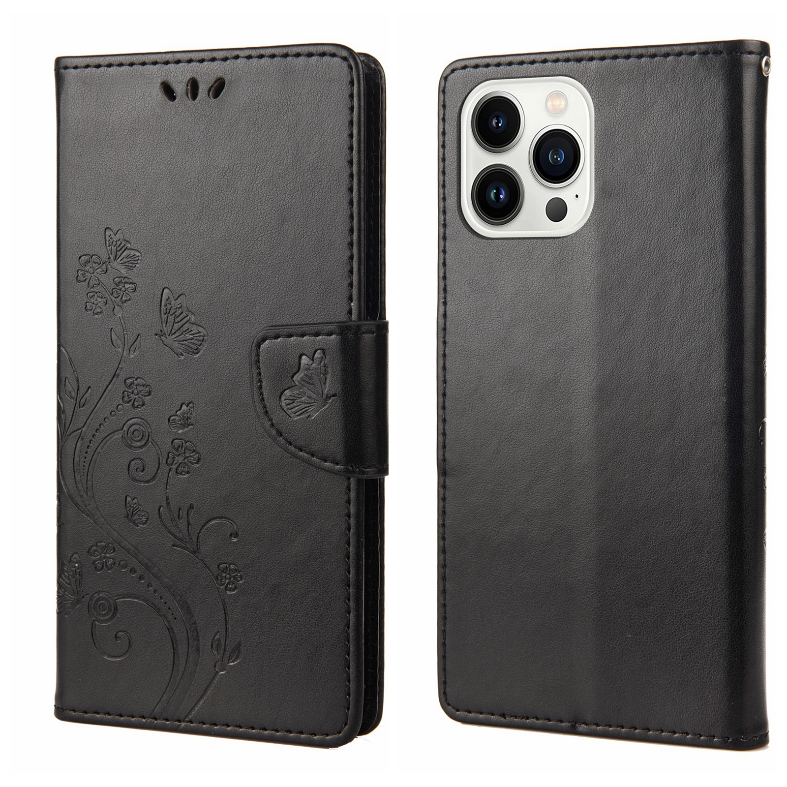 For iPhone 14 Pro Butterfly Flower Pattern Flip Leather Phone Case(Black) - Shopkiz.com