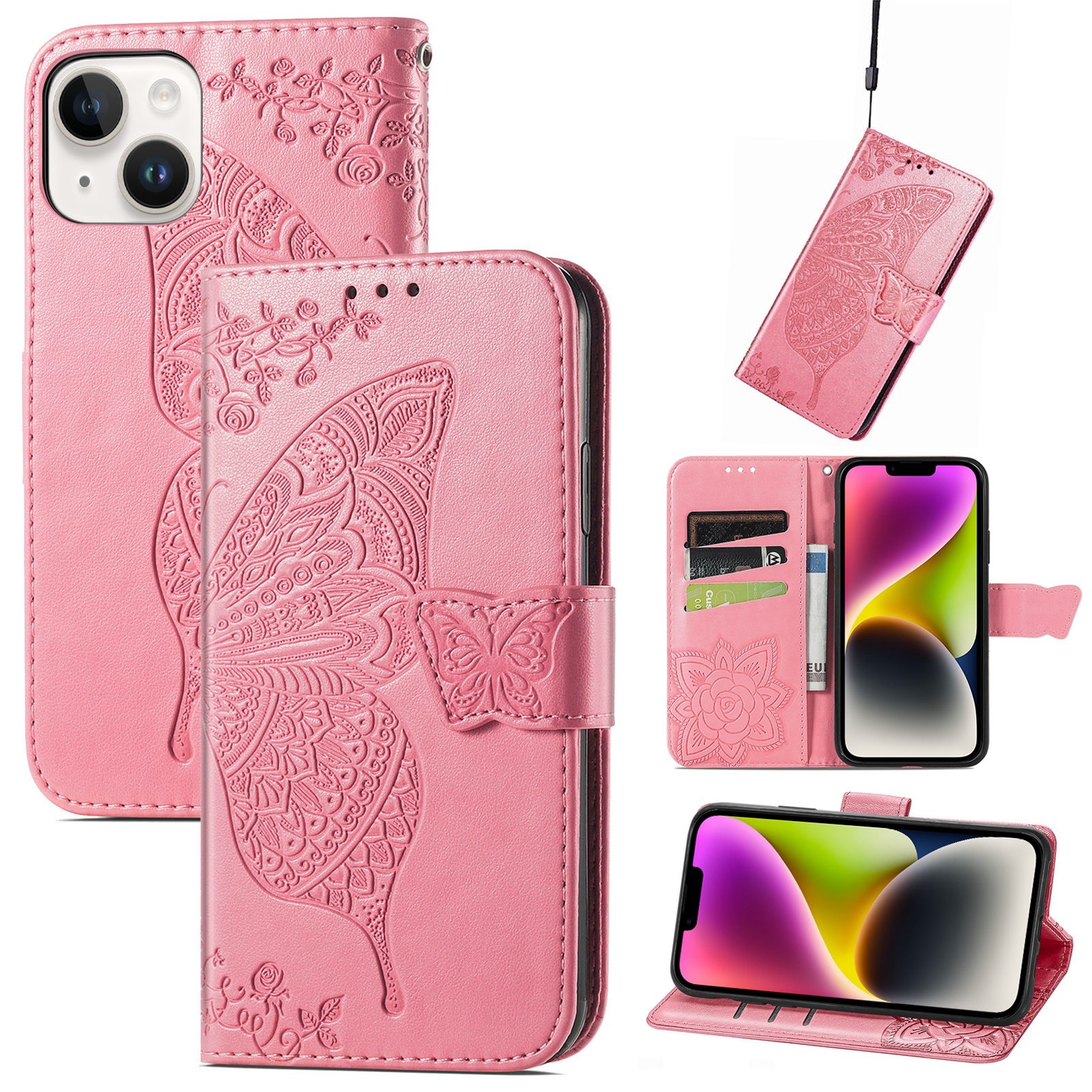 For iPhone 14 Butterfly Embossing Leather Case (Pink) - Shopkiz.com