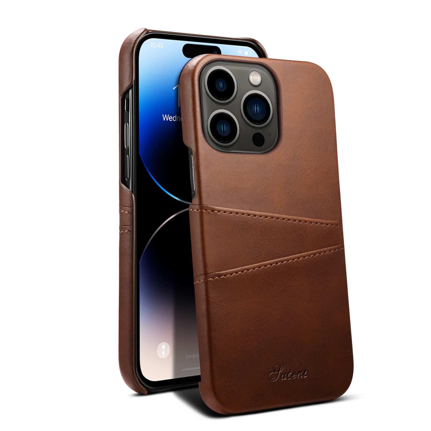For iPhone 14 Pro Max Suteni Calf Texture Card Slots Phone Case (Brown) - Shopkiz.com