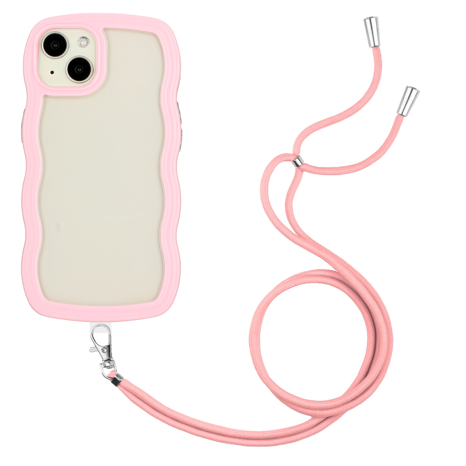 For iPhone 14 Lanyard Candy Color Wave TPU Clear PC Phone Case(Pink) - Shopkiz.com