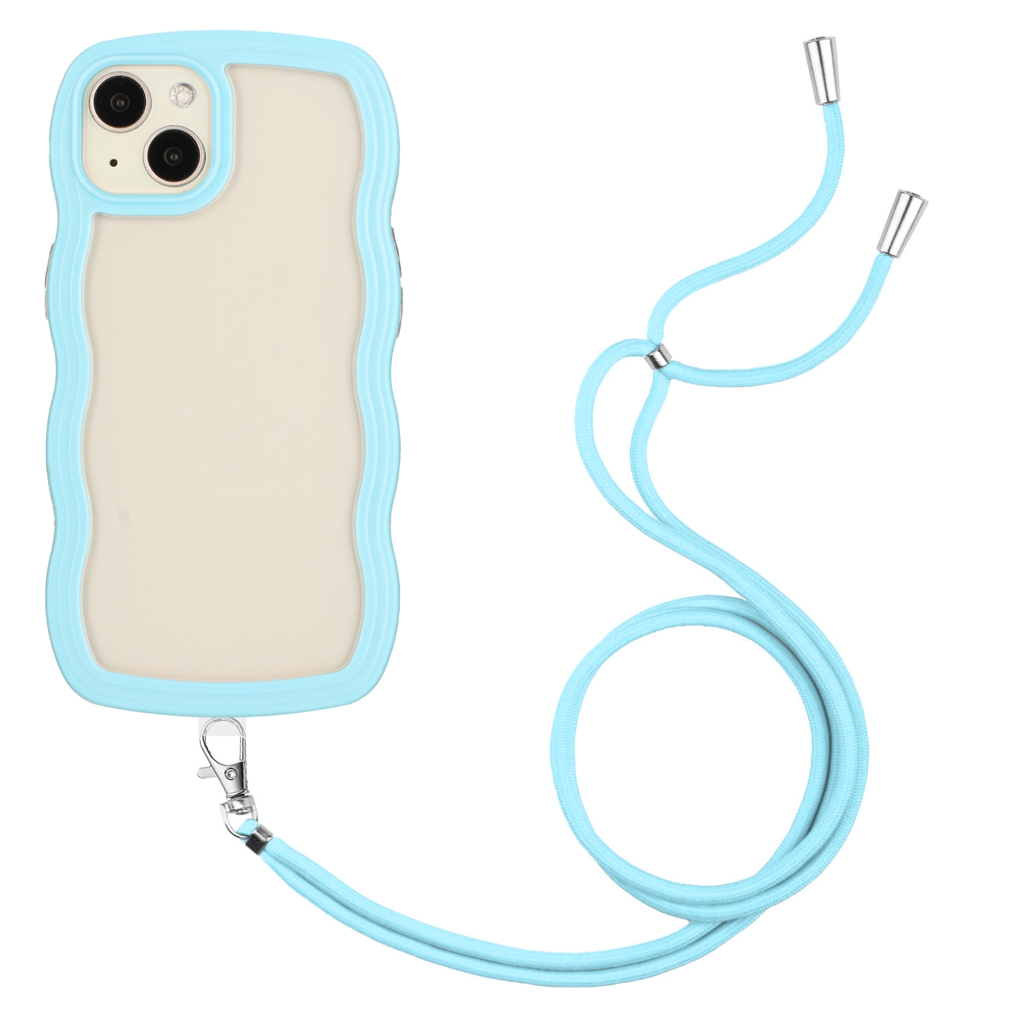 For iPhone 14 Plus Lanyard Candy Color Wave TPU Clear PC Phone Case(Blue) - Shopkiz.com
