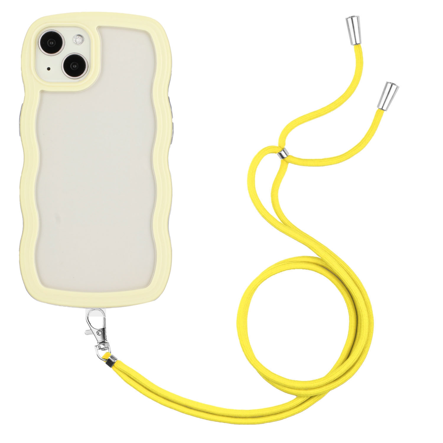 For iPhone 14 Plus Lanyard Candy Color Wave TPU Clear PC Phone Case(Yellow) - Shopkiz.com