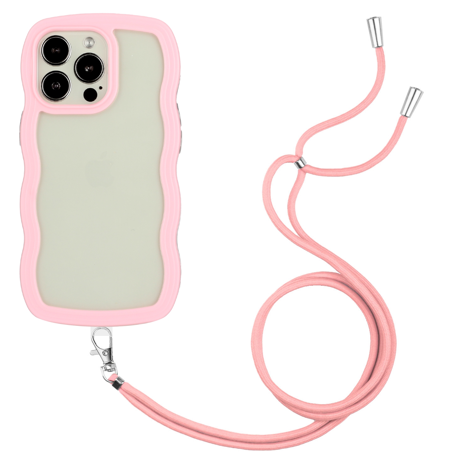 For iPhone 15 Pro Max Lanyard Candy Color Wave TPU Clear PC Phone Case(Pink) - Shopkiz.com