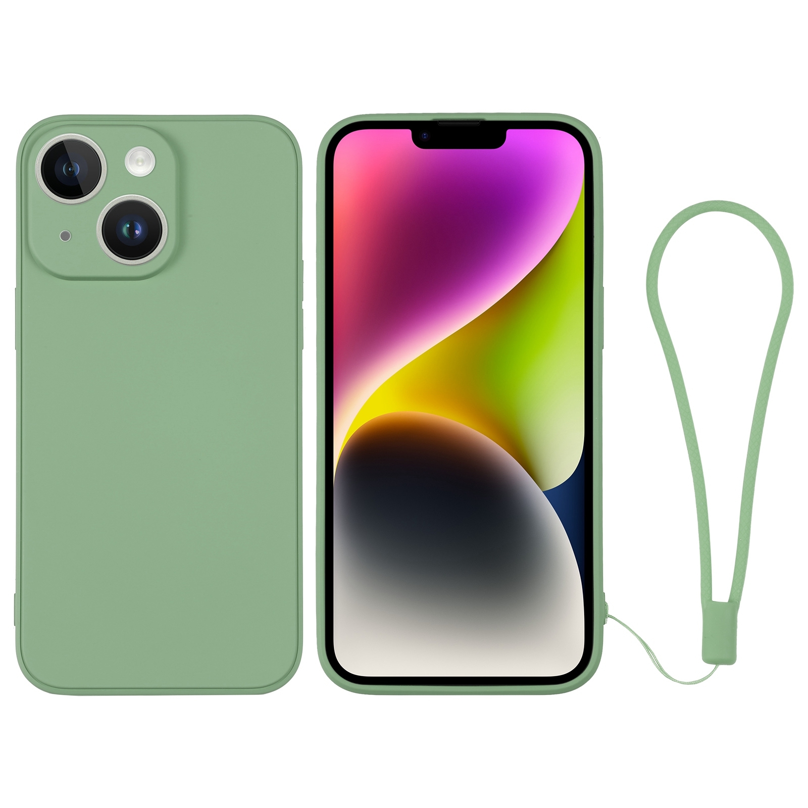 For iPhone 14 Silicone Phone Case with Wrist Strap(Matcha Green) - Shopkiz.com