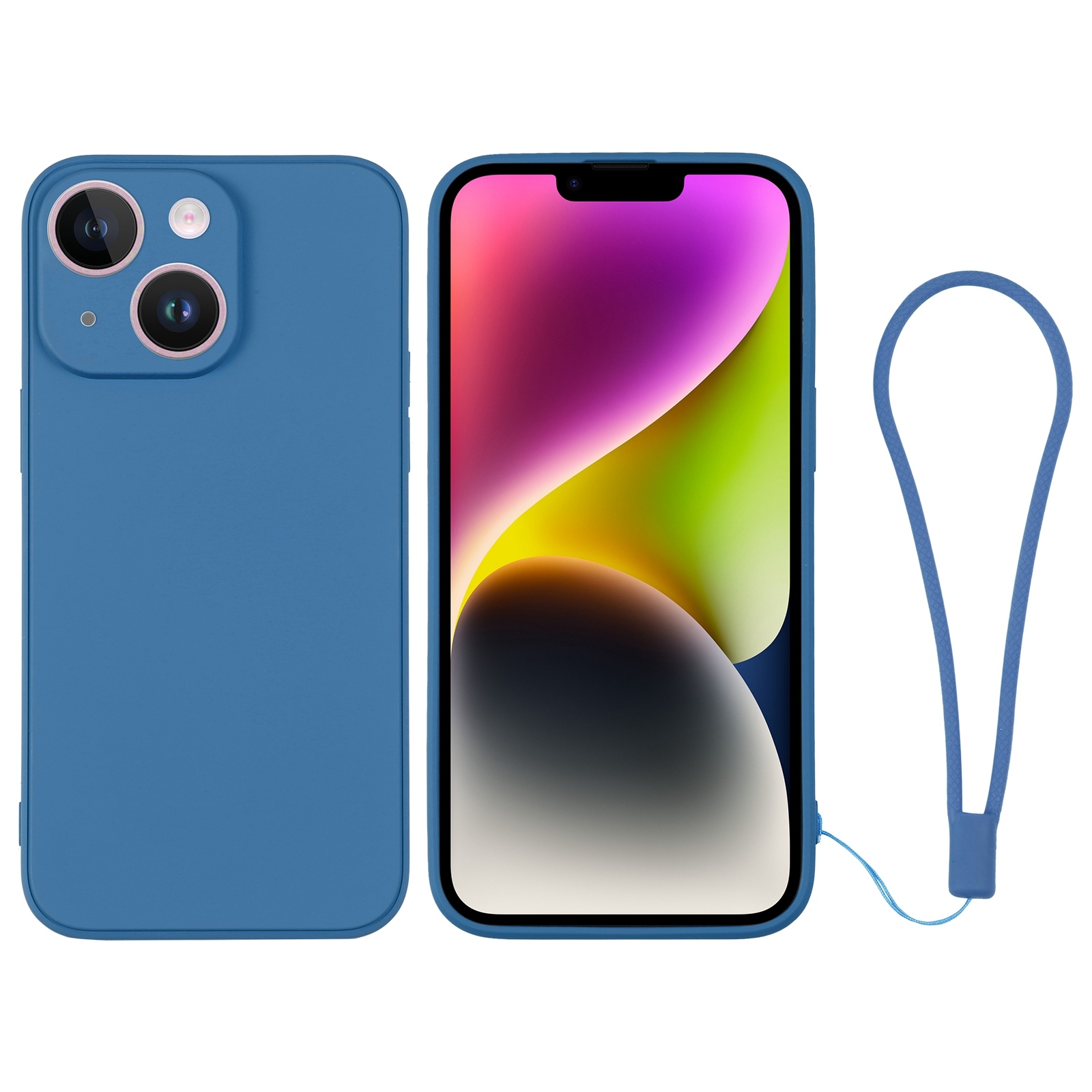 For iPhone 14 Plus Silicone Phone Case with Wrist Strap(Blue) - Shopkiz.com
