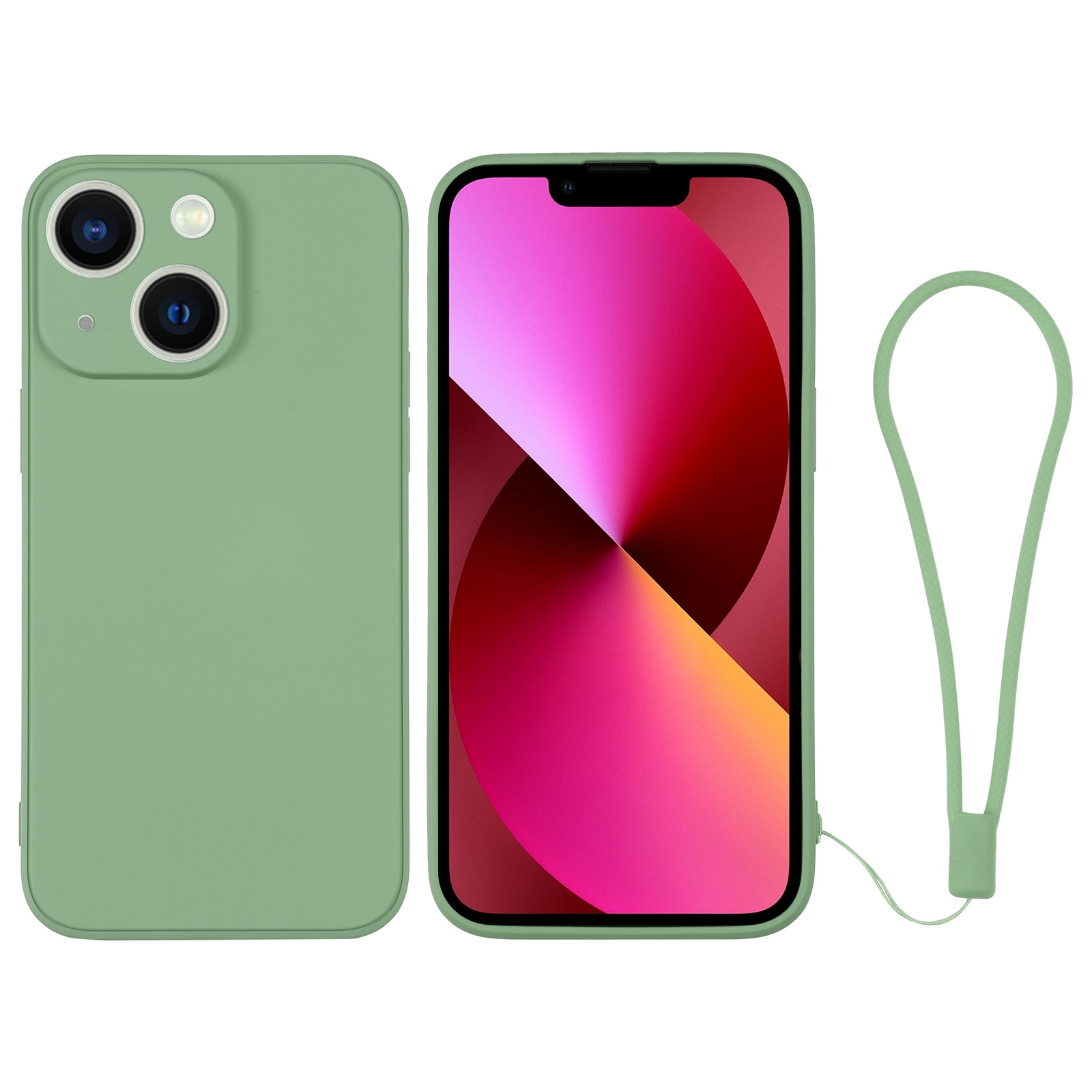 For iPhone 13 Silicone Phone Case with Wrist Strap(Matcha Green) - Shopkiz.com