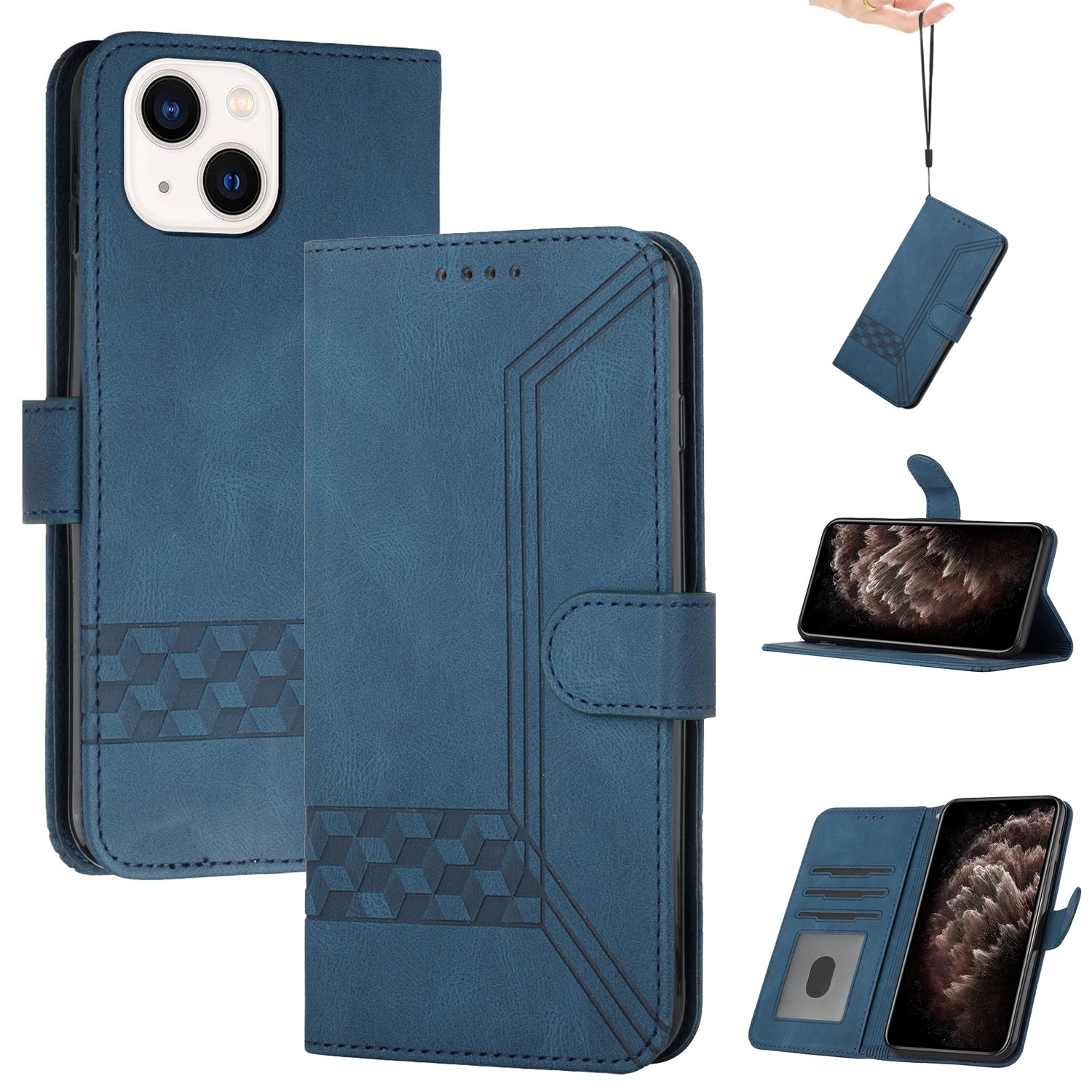 For iPhone 14 Plus Cubic Skin Feel Flip Leather Phone Case(Blue) - Shopkiz.com