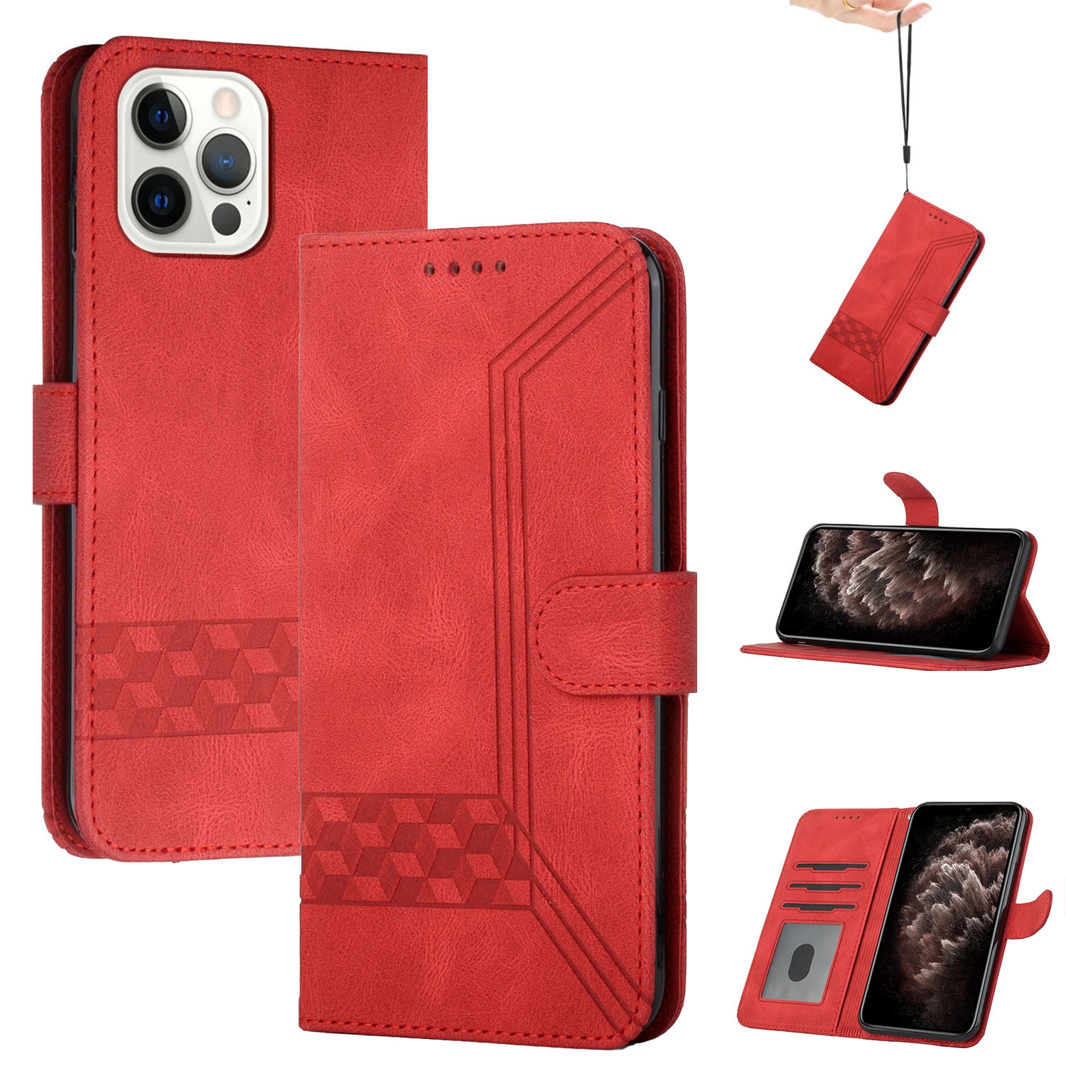 For iPhone 14 Pro Max Cubic Skin Feel Flip Leather Phone Case(Red) - Shopkiz.com