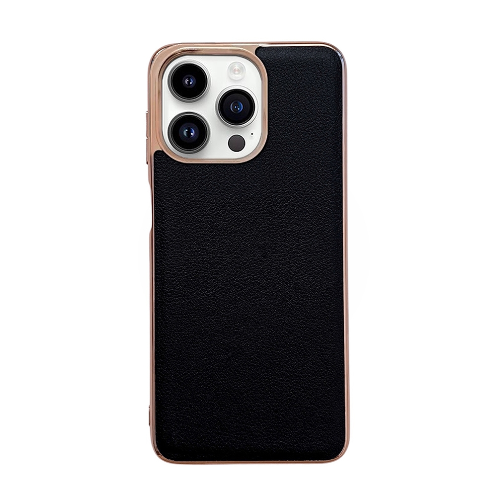 For iPhone 14 Pro Max Waves Series Nano Electroplating Genuine Leather Phone Case(Black) - Shopkiz.com