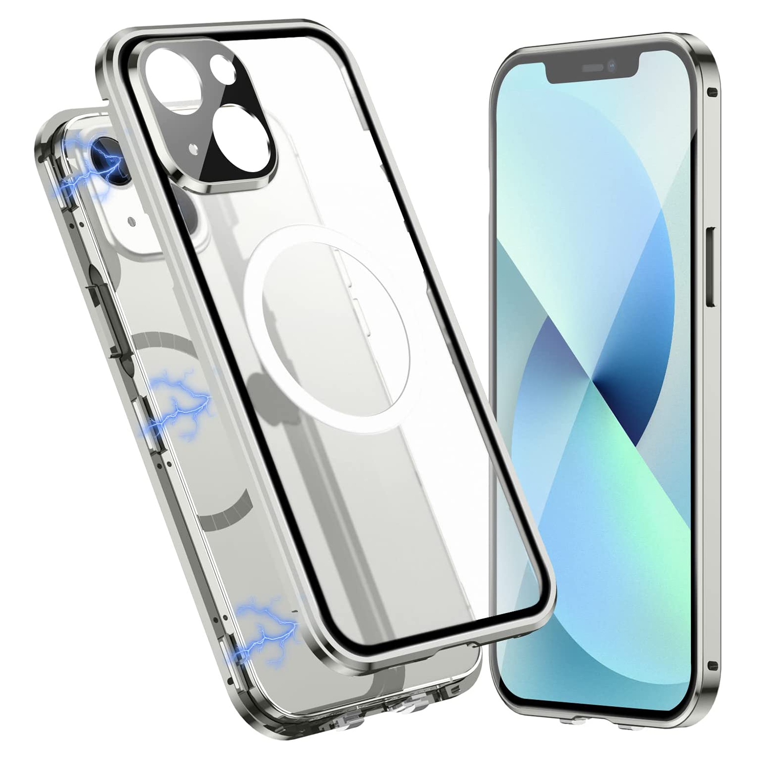 For iPhone 14 360 Full Body Magnetic Frosted Magsafe Phone Case(Silver) - Shopkiz.com