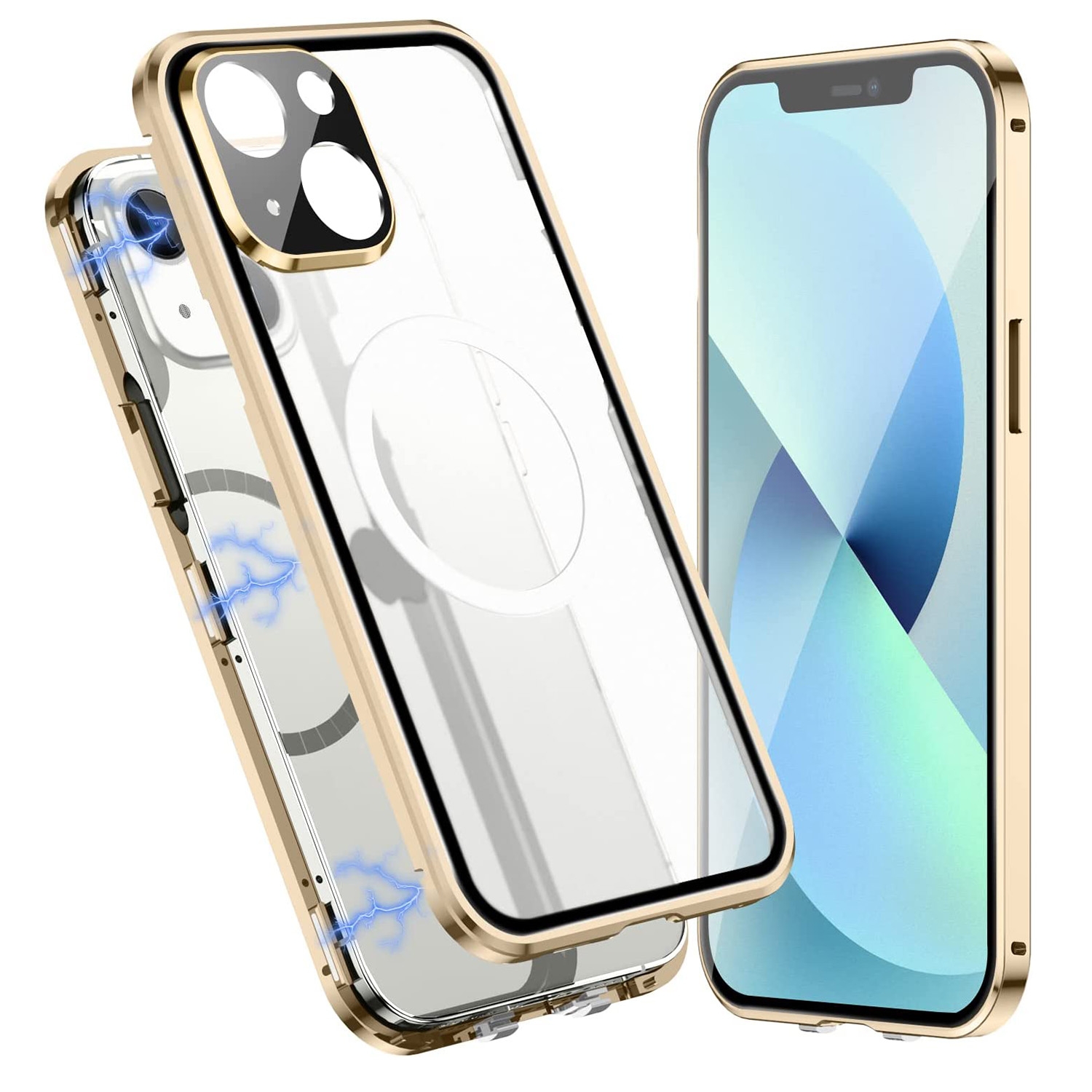 For iPhone 14 Plus 360 Full Body Magnetic Frosted Magsafe Phone Case(Gold) - Shopkiz.com