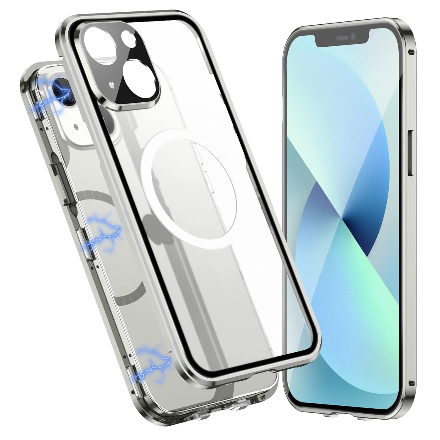 For iPhone 14 Plus 360 Full Body Magnetic Frosted Magsafe Phone Case(Silver) - Shopkiz.com