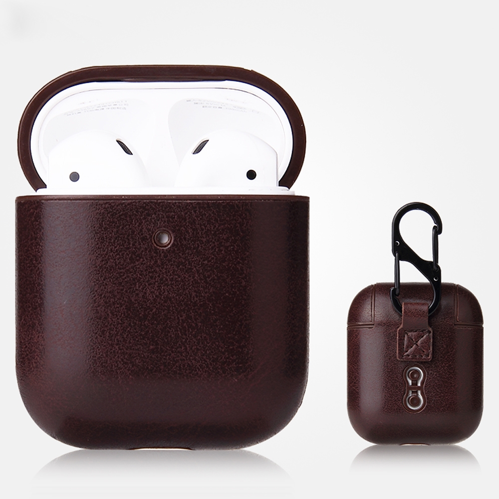 For AirPods 1 & 2 Anti-fall Crazy Horse Texture PU Leather Protective Case with Carabiner(Coffee) - Shopkiz.com
