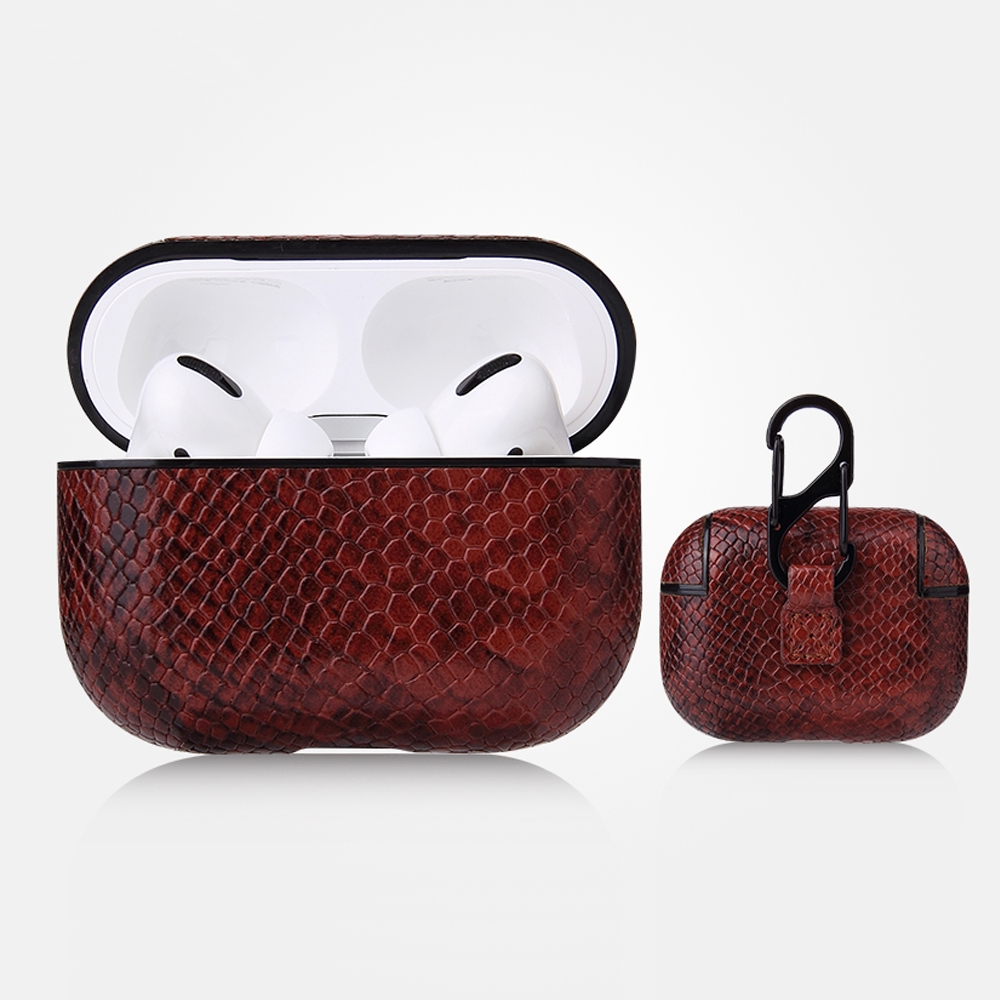 For AirPods Pro Anti-fall Snakeskin Texture PU Leather Protective Case with Carabiner(Coffee) - Shopkiz.com