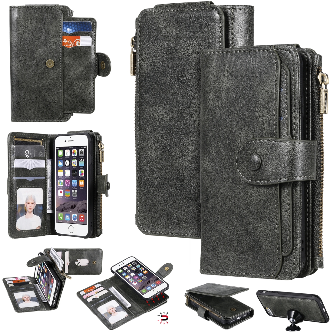 For iPhone 6 / 7 / 8 Multifunctional Retro Detachable Magnetic Horizontal Flip Leather Case with Card Slots & Holder & Wallet & Photo Frame(Dark
