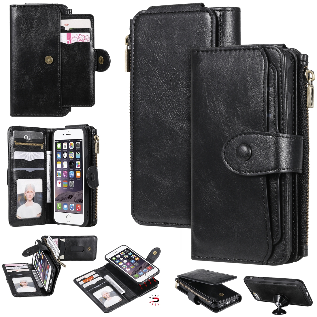 For iPhone 6 / 7 / 8 Multifunctional Retro Detachable Magnetic Horizontal Flip Leather Case with Card Slots & Holder & Wallet & Photo Frame(Black) -
