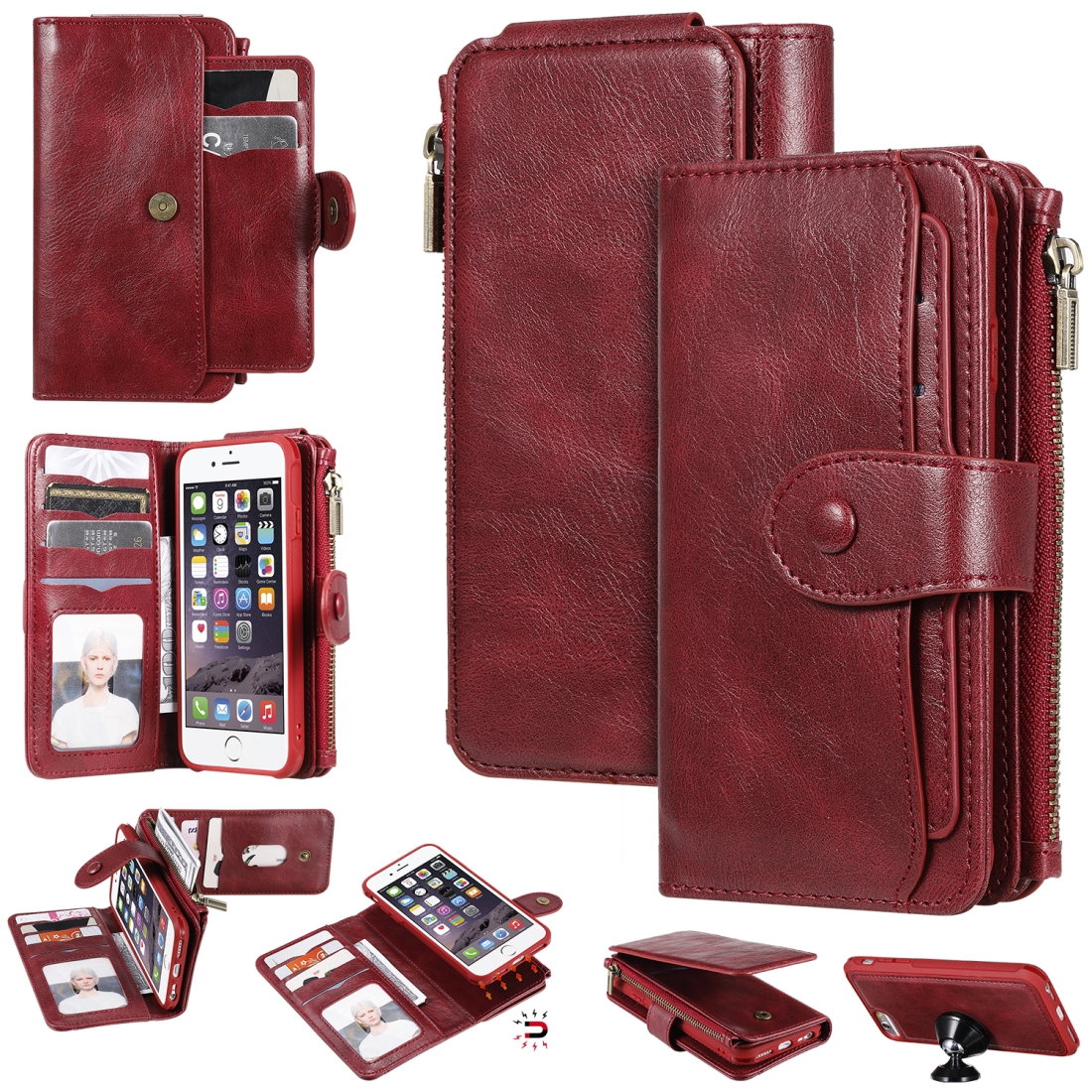 For iPhone 6 / 7 / 8 Multifunctional Retro Detachable Magnetic Horizontal Flip Leather Case with Card Slots & Holder & Wallet & Photo Frame(Red) -