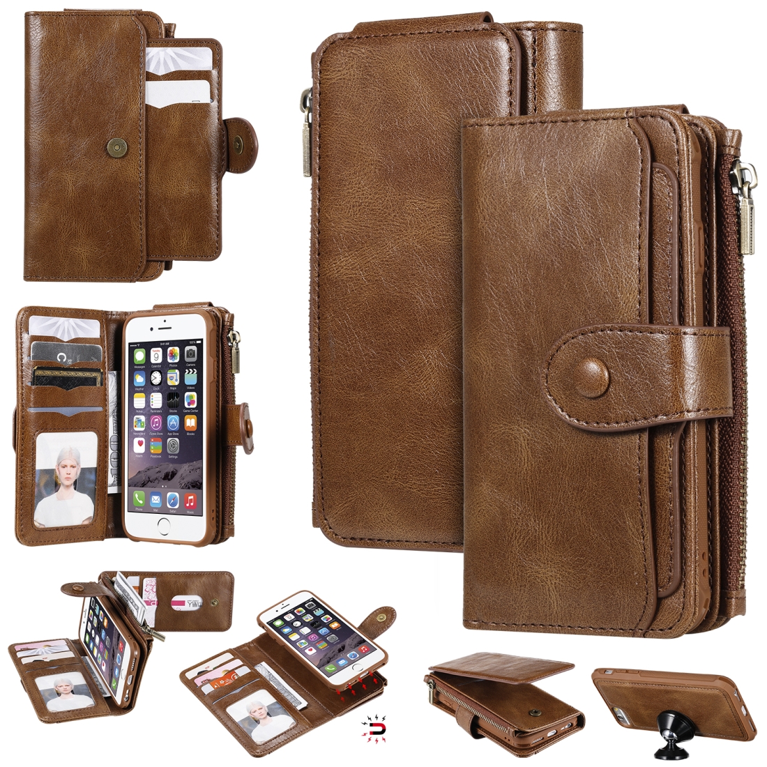 For iPhone 6 / 7 / 8 Multifunctional Retro Detachable Magnetic Horizontal Flip Leather Case with Card Slots & Holder & Wallet & Photo Frame(Brown) -