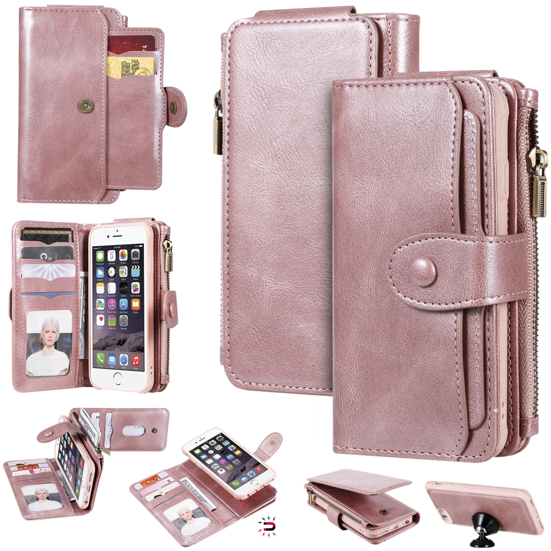 For iPhone 6 / 7 / 8 Multifunctional Retro Detachable Magnetic Horizontal Flip Leather Case with Card Slots & Holder & Wallet & Photo Frame(Rose