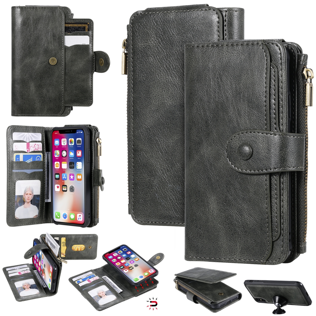 For iPhone X / XS Multifunctional Retro Detachable Magnetic Horizontal Flip Leather Case with Card Slots & Holder & Wallet & Photo Frame(Dark Green)