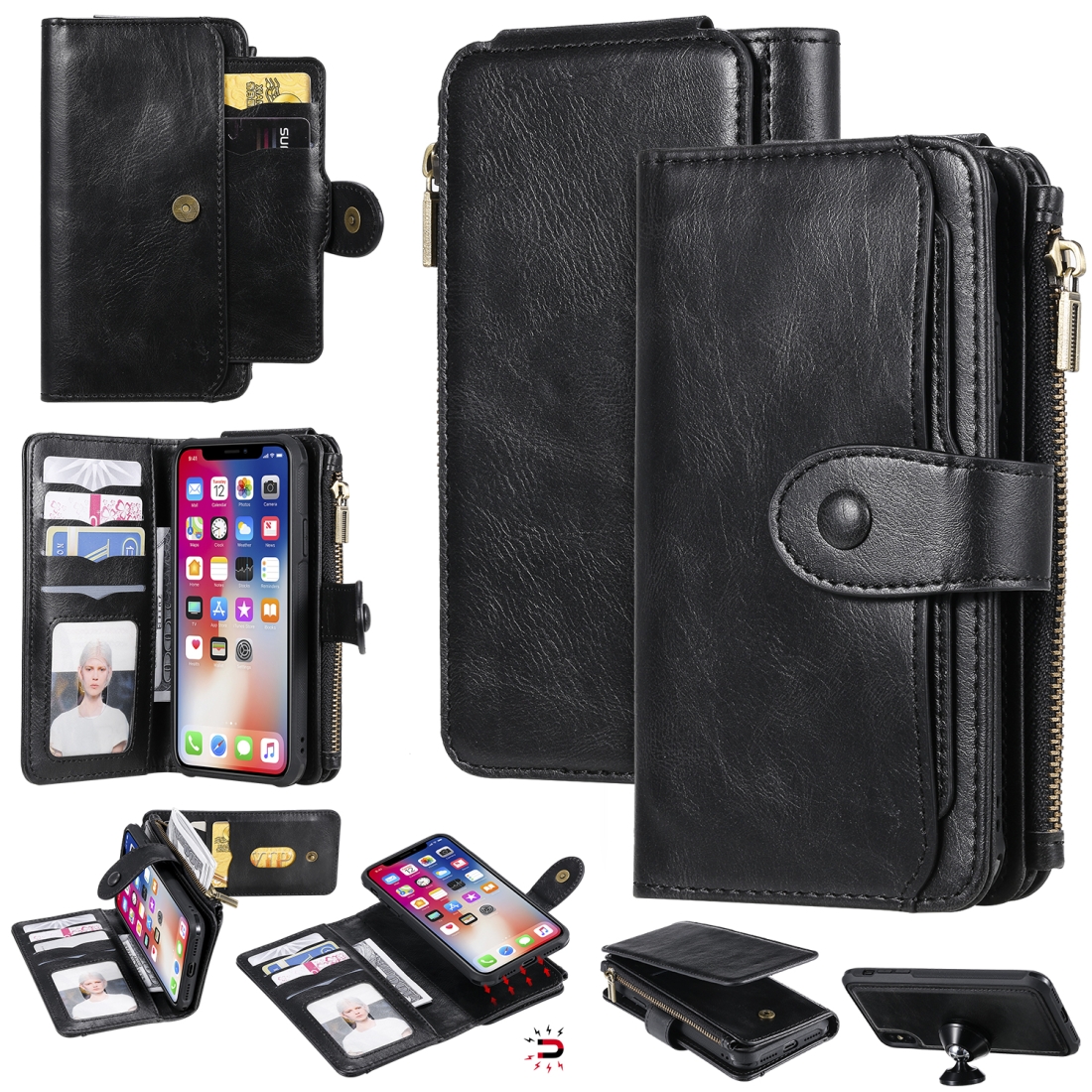 For iPhone X / XS Multifunctional Retro Detachable Magnetic Horizontal Flip Leather Case with Card Slots & Holder & Wallet & Photo Frame(Black) -