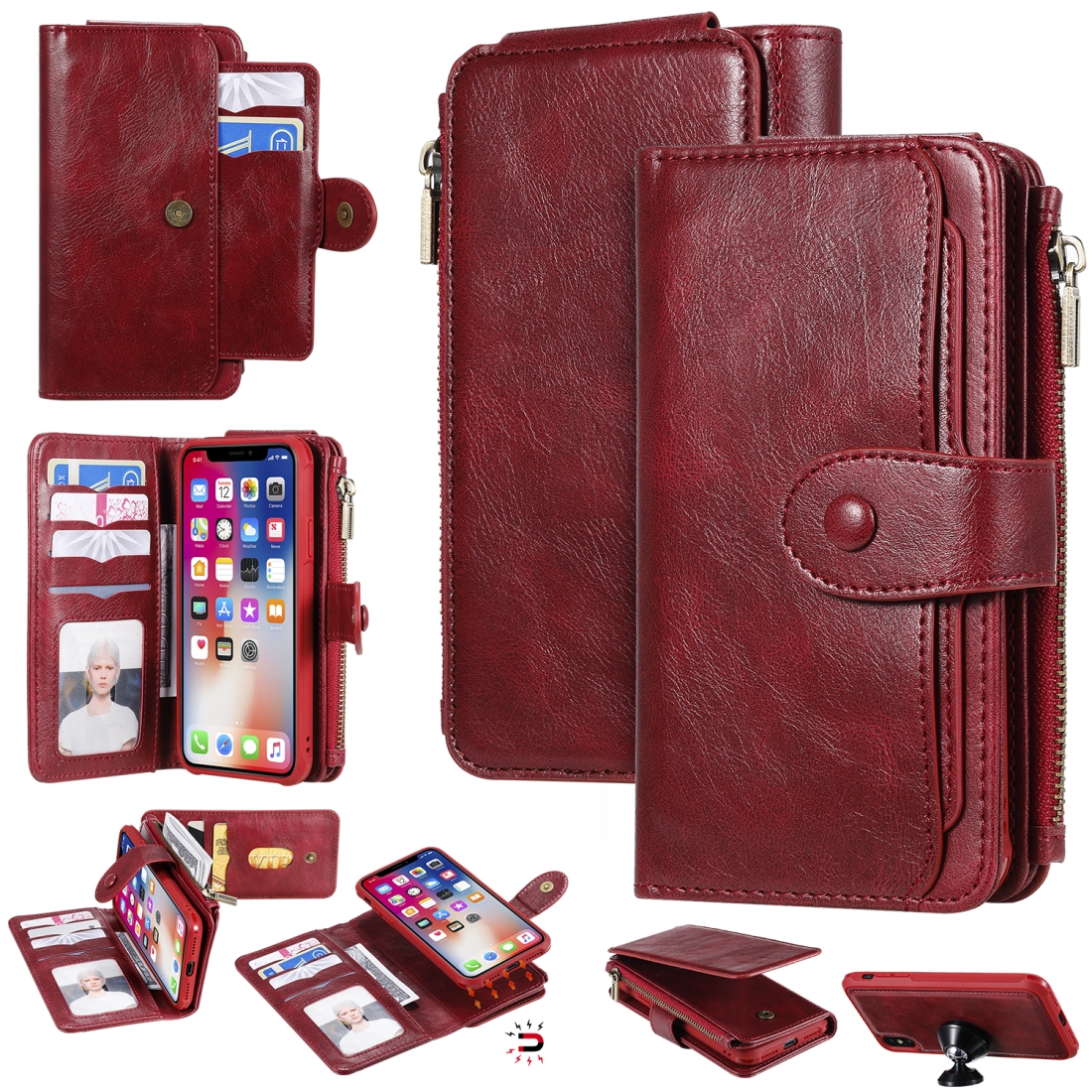 For iPhone X / XS Multifunctional Retro Detachable Magnetic Horizontal Flip Leather Case with Card Slots & Holder & Wallet & Photo Frame(Red) -