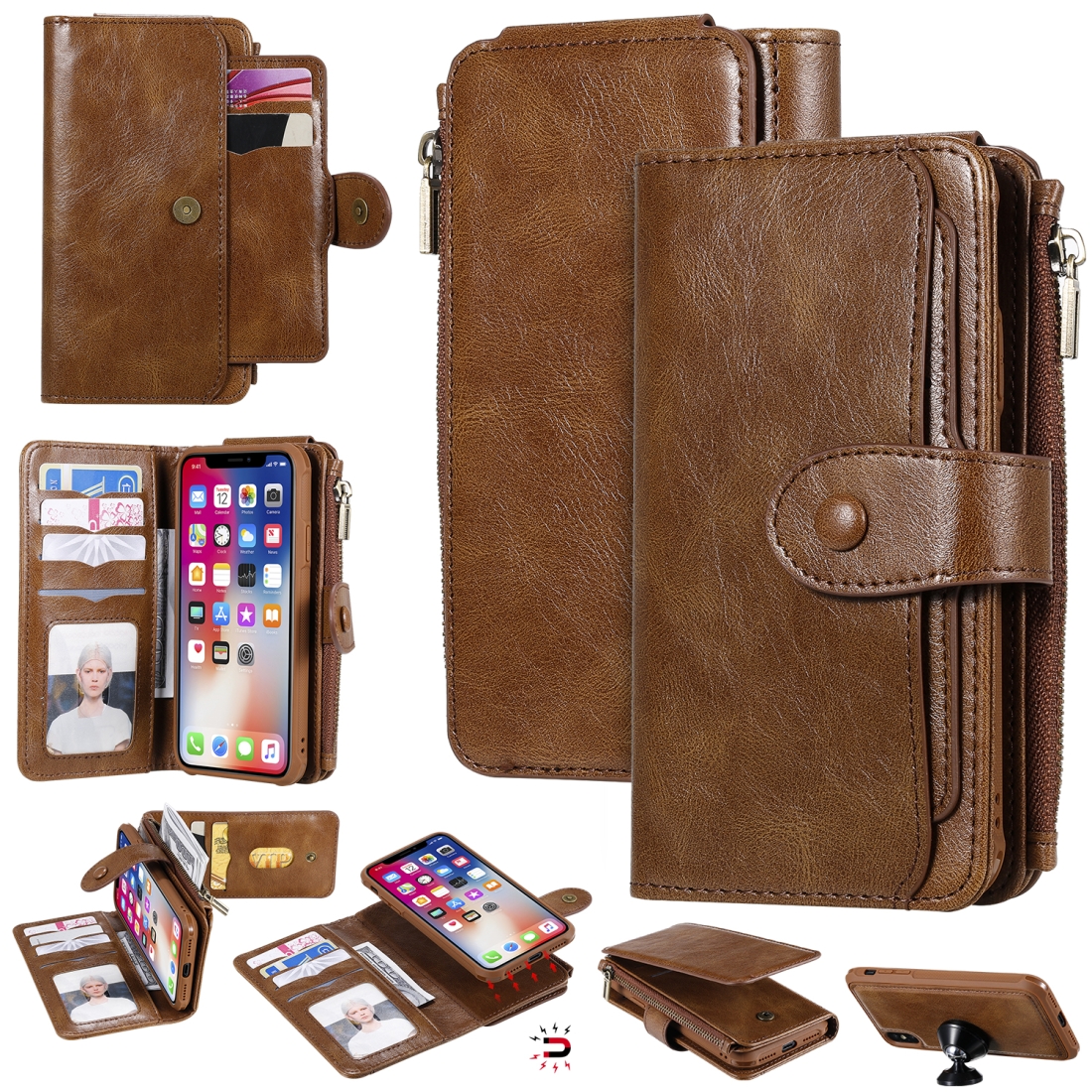 For iPhone X / XS Multifunctional Retro Detachable Magnetic Horizontal Flip Leather Case with Card Slots & Holder & Wallet & Photo Frame(Brown) -