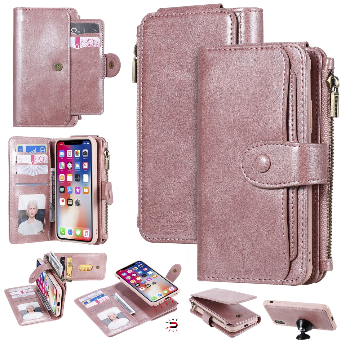 For iPhone X / XS Multifunctional Retro Detachable Magnetic Horizontal Flip Leather Case with Card Slots & Holder & Wallet & Photo Frame(Rose Gold) -