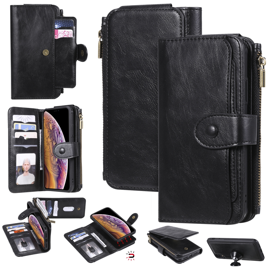 For iPhone XR Multifunctional Retro Detachable Magnetic Horizontal Flip Leather Case with Card Slots & Holder & Wallet & Photo Frame(Black) -
