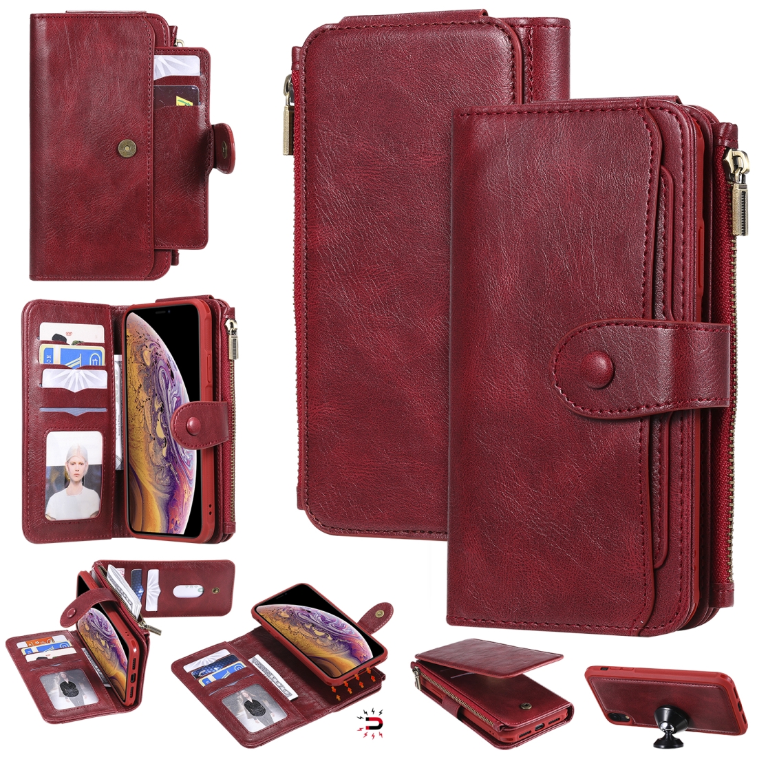 For iPhone XR Multifunctional Retro Detachable Magnetic Horizontal Flip Leather Case with Card Slots & Holder & Wallet & Photo Frame(Red) -