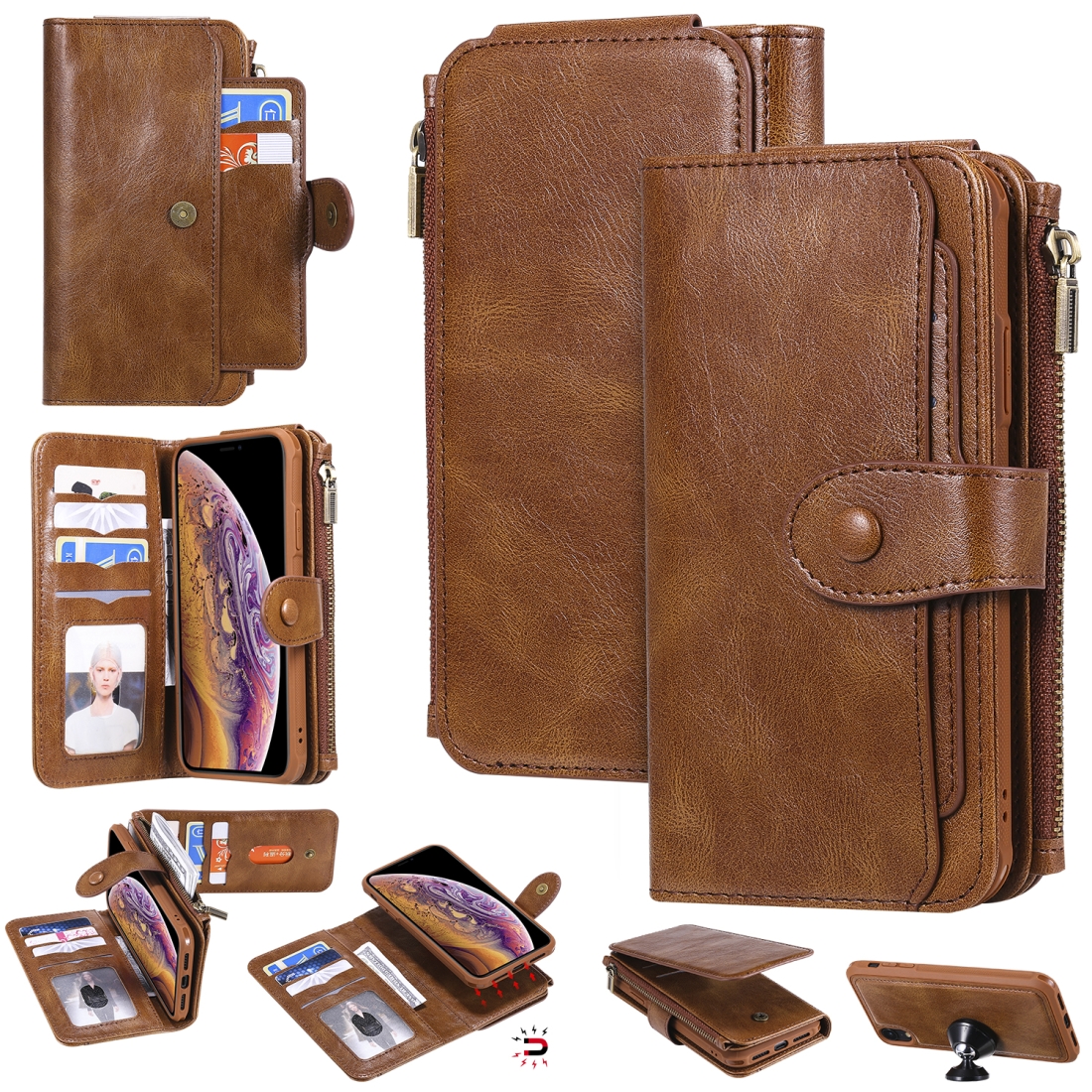 For iPhone XR Multifunctional Retro Detachable Magnetic Horizontal Flip Leather Case with Card Slots & Holder & Wallet & Photo Frame(Brown) -